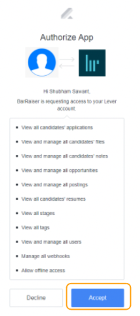 Lever authorize app modal with list of permissions and blue accept button outlined.