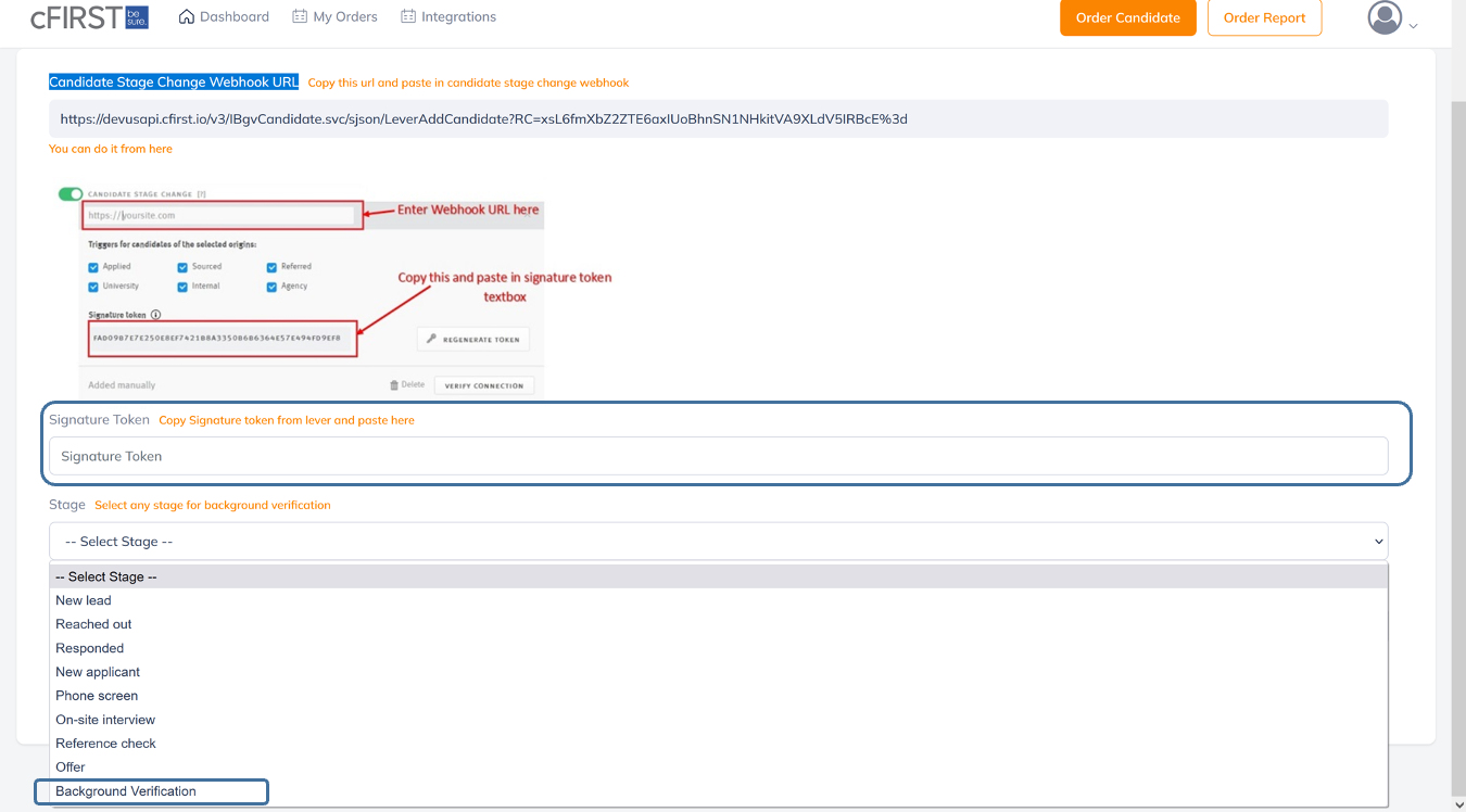 cFirst platform showing Lever platform with candidate stage change field and signature token outlined and stage options in stage selector dropdown.