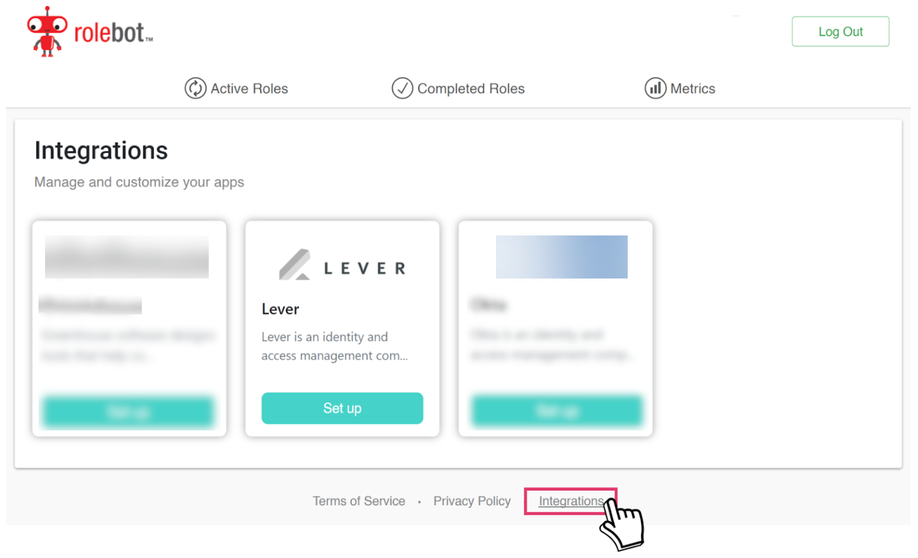 Rolebot platform showing integrations link outlined and integrations panel.