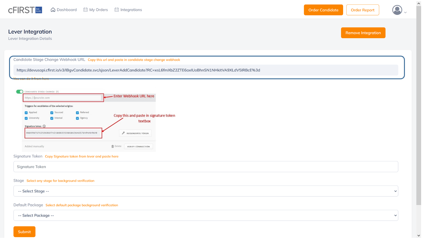 cFirst platform showing Lever platform with candidate stage change field and signature token outlined.