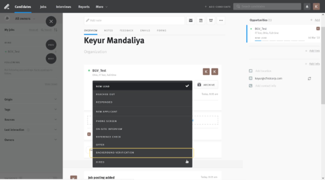 Lever platform candidate profile with background verification in stage selector menu outlined.