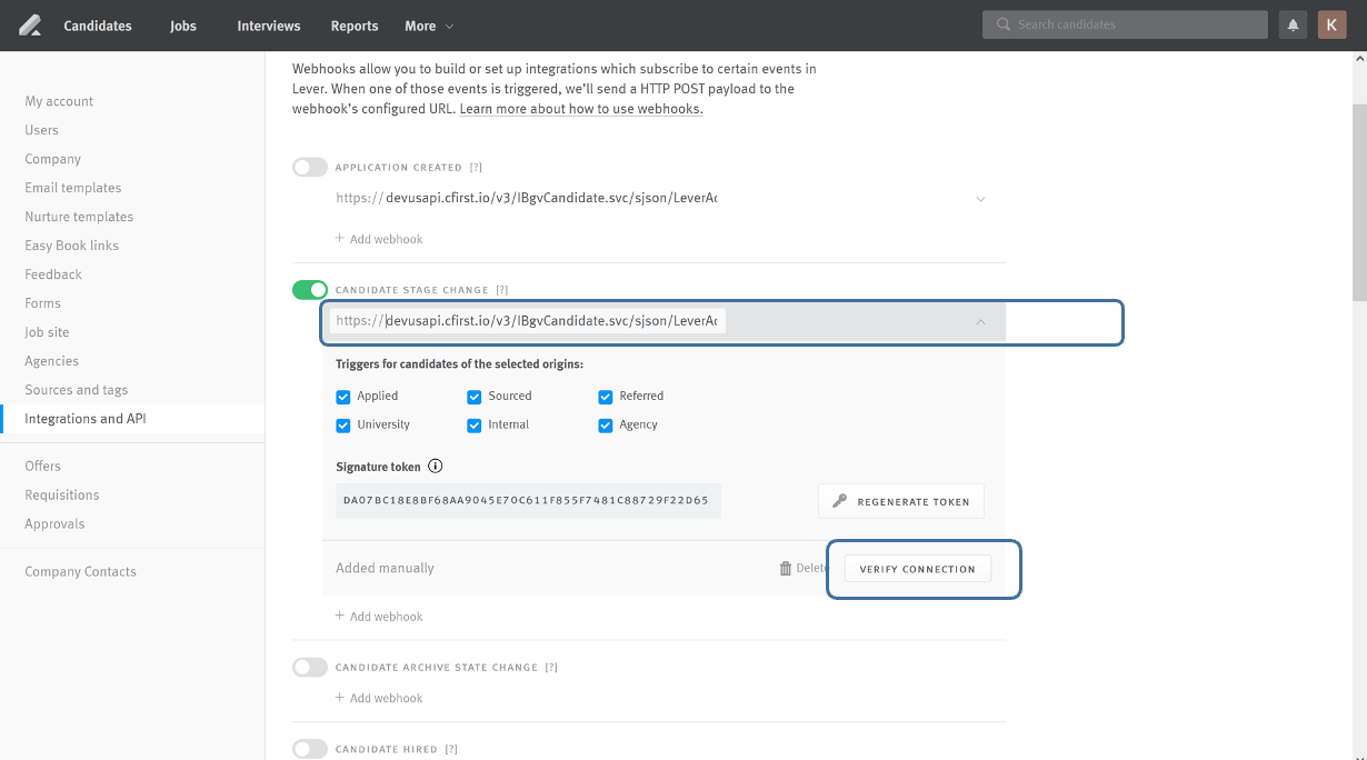 Lever platform integrations and API page with candidate stage change field and verify connection button outlined.