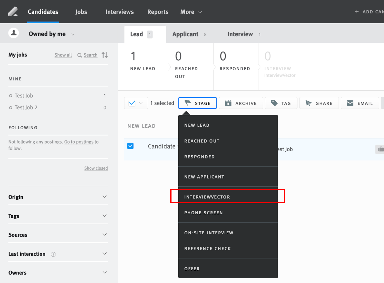 Lever candidates page with dropdown stage menu with interviewvector outlined.