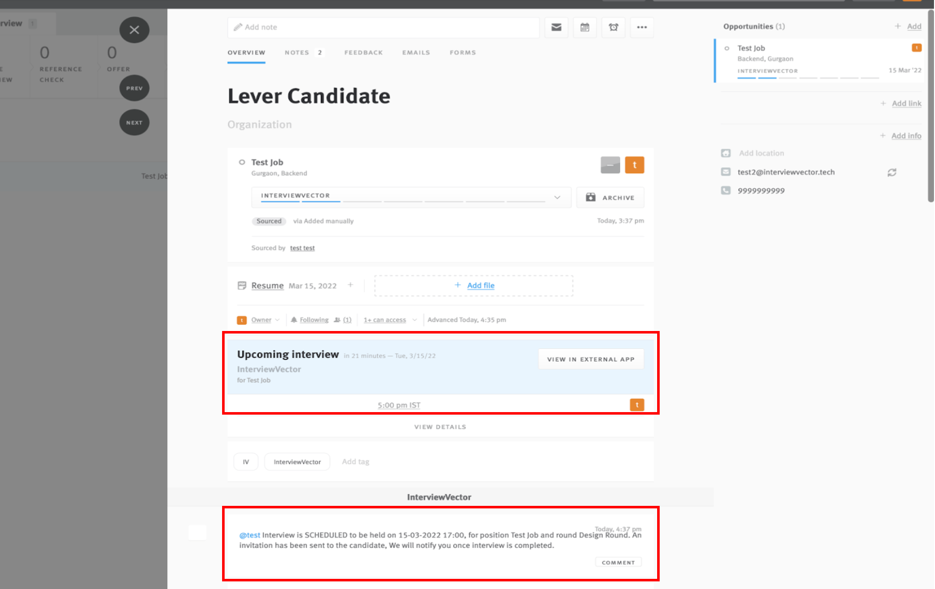 Lever candidate profile with upcoming interview and interviewvector sections outlined.