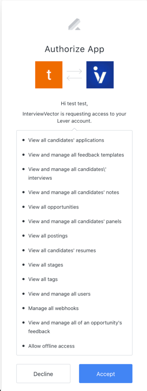 Lever authorize app modal with list of permissions.