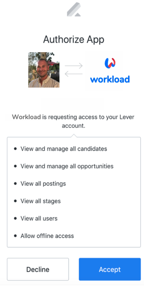 Workload authorize app modal with list of permissions and blue accept button