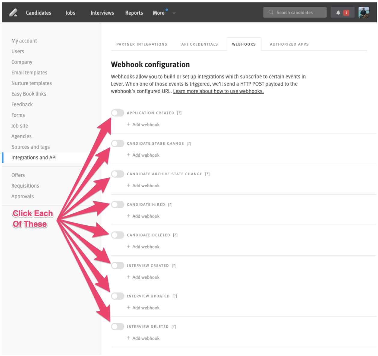 Lever platform integrations and API settings webhooks tab with arrows pointing to all listed toggles.