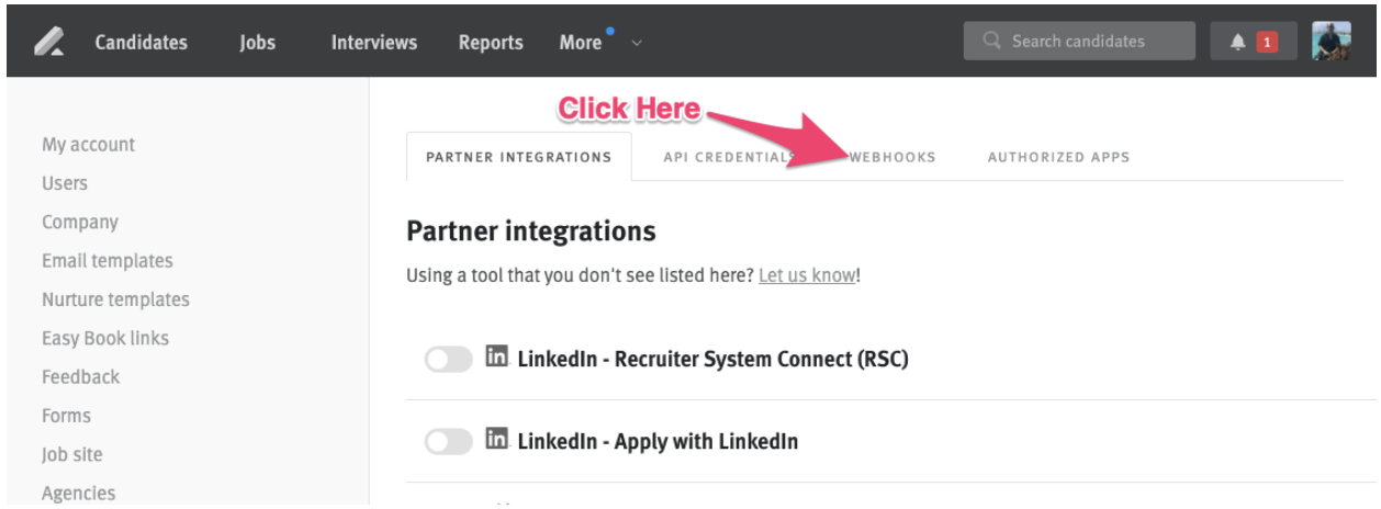Lever platform settinsg with arrow pointing to webhooks tab.