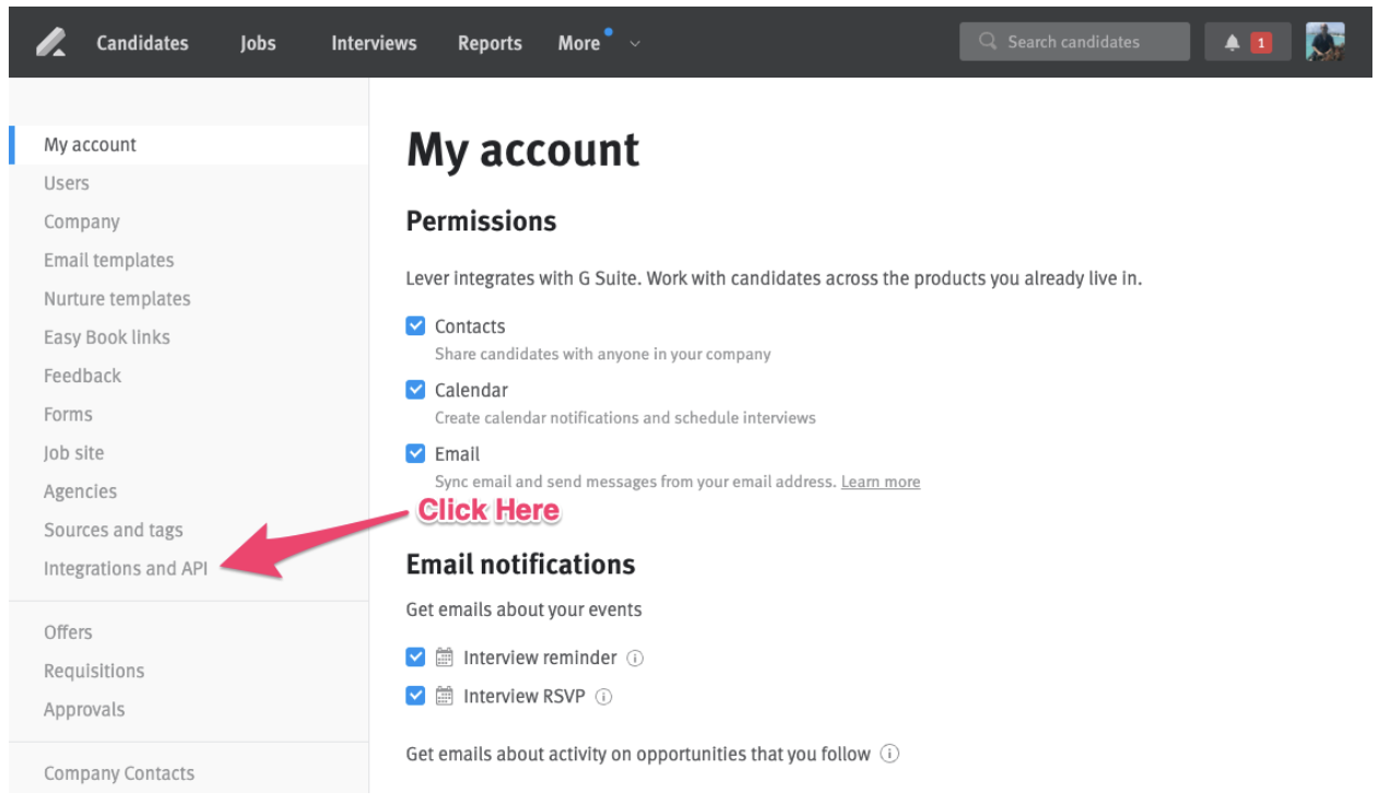 Lever platform settings page with arrow pointing to integrations and API link in left hand menu.