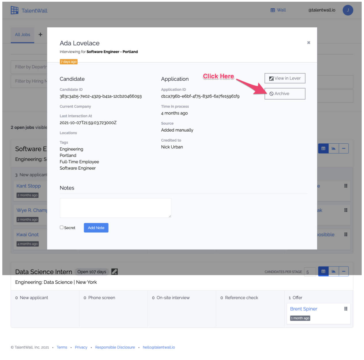 TalentWall candidate profile with arrow pointing to archive button.