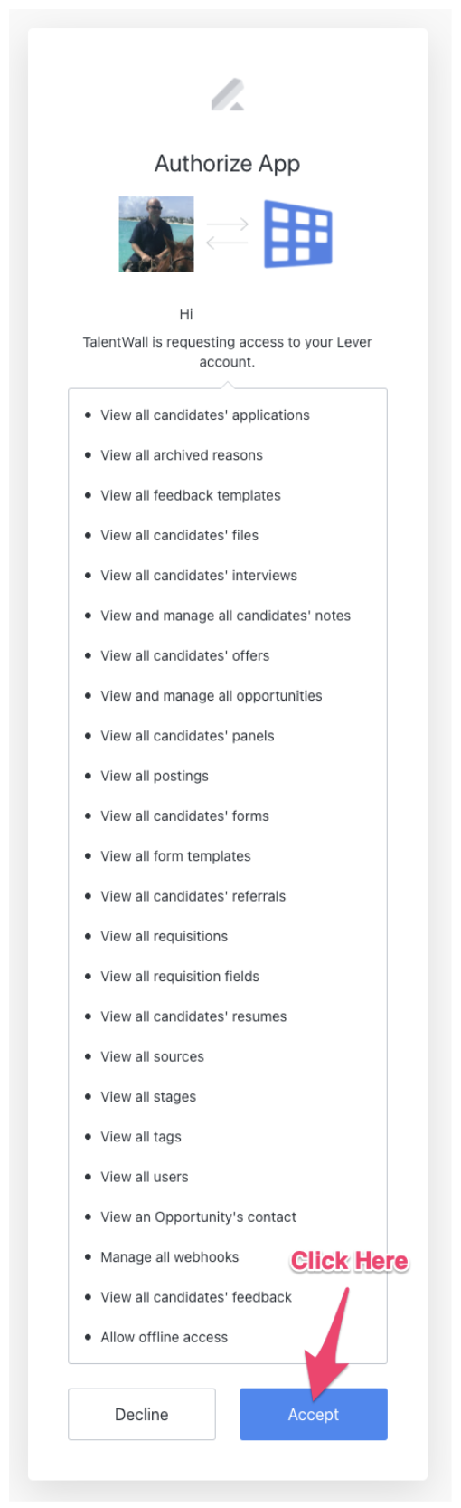 TalentWall authorize app modal with list of permissions and blue accept button.
