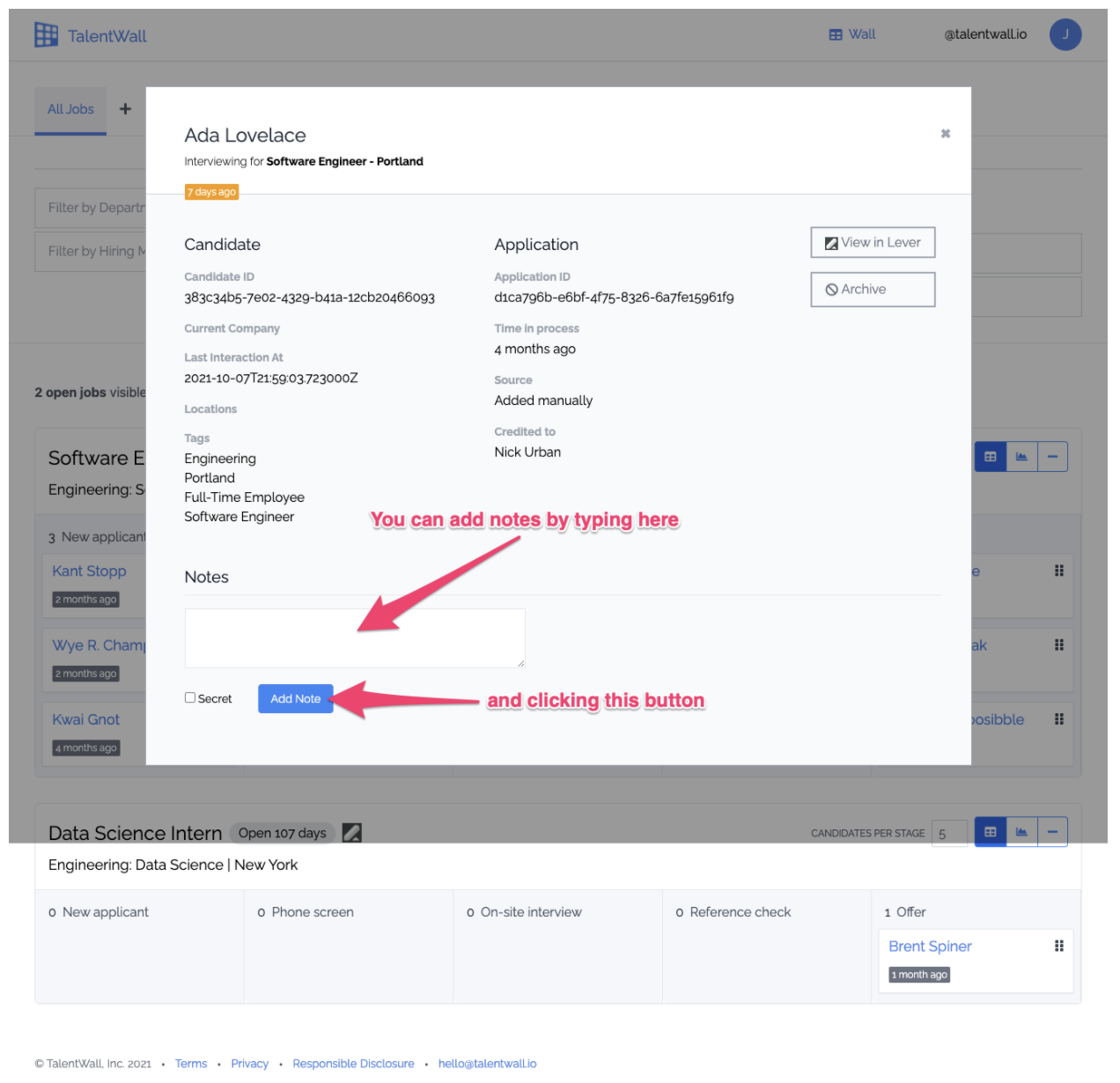 TalentWall candidate profile with arrows pointing to notes section and add new button.