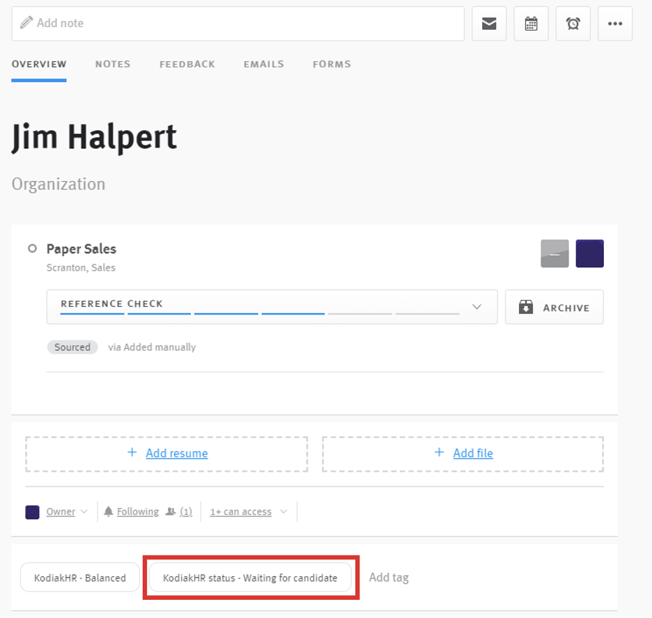 Lever candidate profile with kodiakHR status waiting for candidate tag outlined