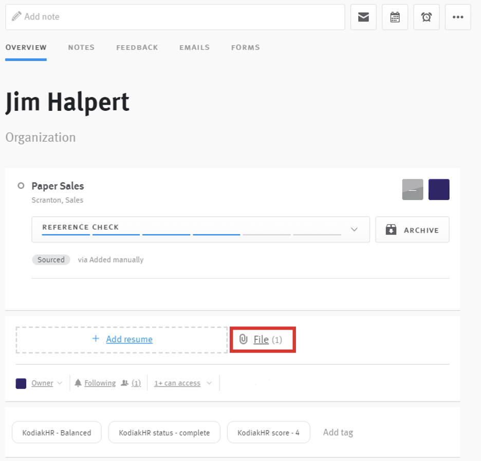 Lever candidate profile with file link outlined
