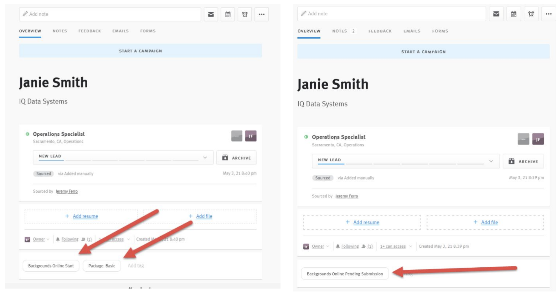 Lever platform with arrows pointing to tags in candidate profile