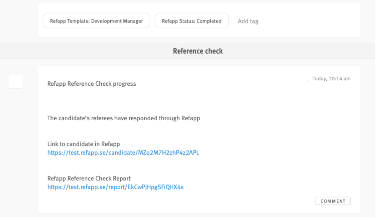 Reference check section in Lever candidate profile