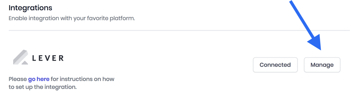 Lever integrations page with arrow pointing to manage button