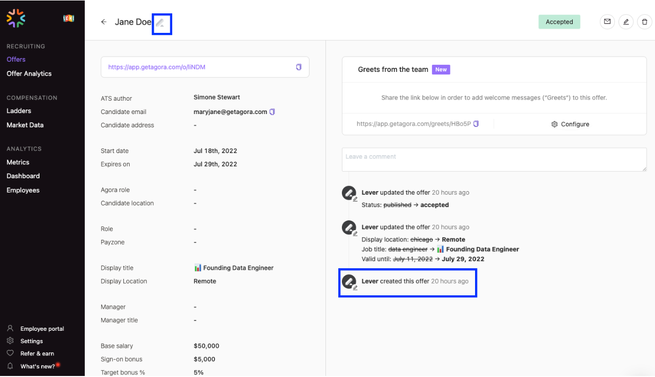 Agora platform showing candidate profile and lever created the offer outlined