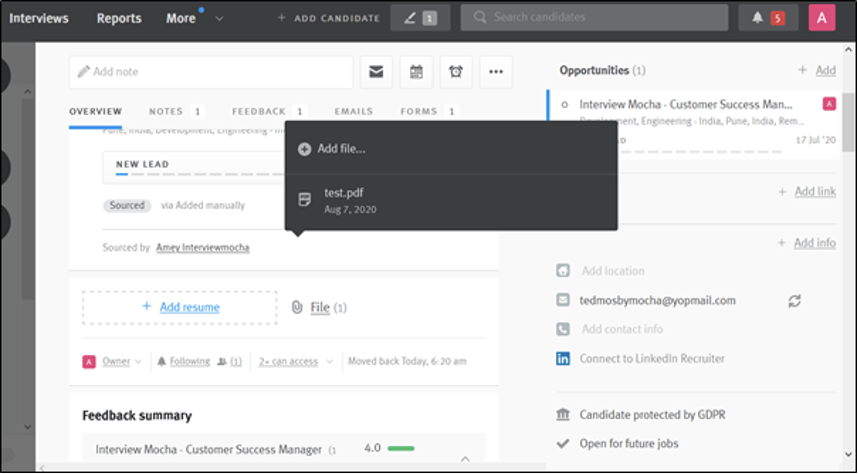 Lever candidate profile showing uploaded imocha pdf file