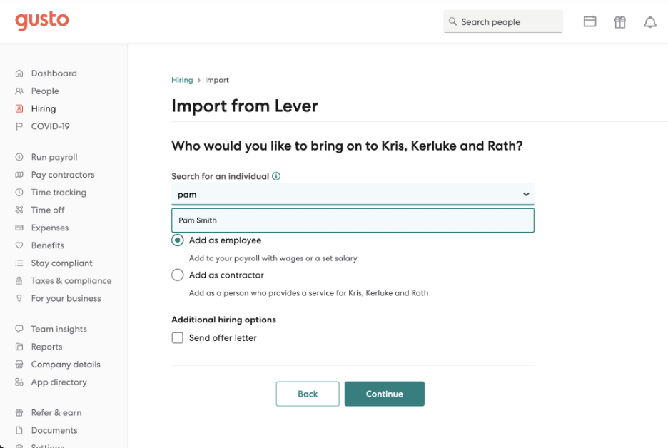 Gusto import from Lever page shpwing a selected individual