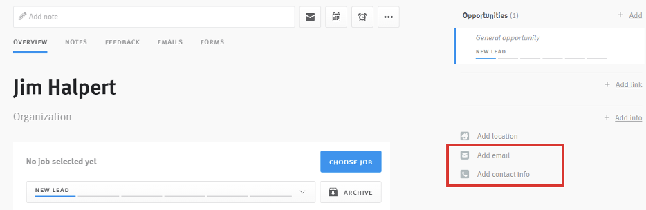 Lever candidate profile with email and contact infor outlined