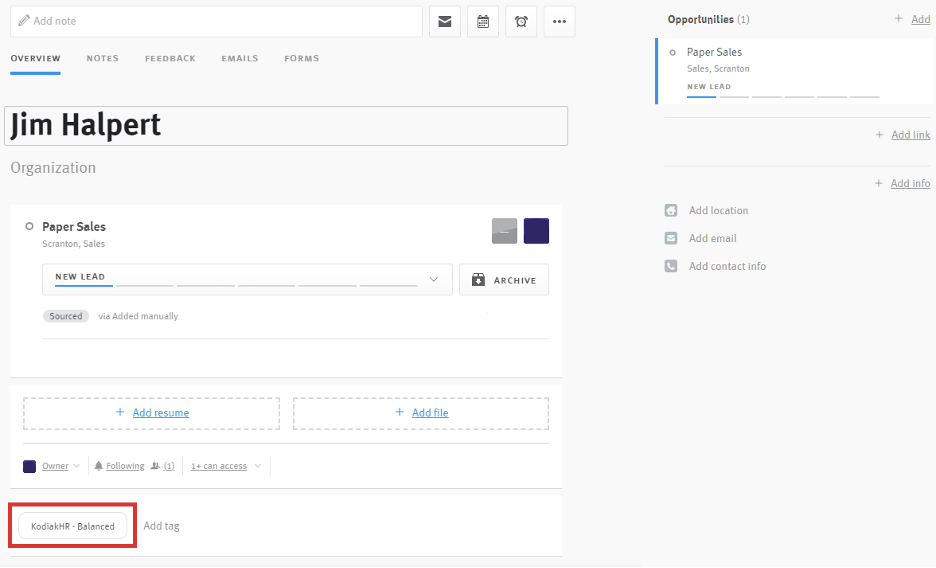 Lever candidate profile with kodiakHR balanced tag outlined
