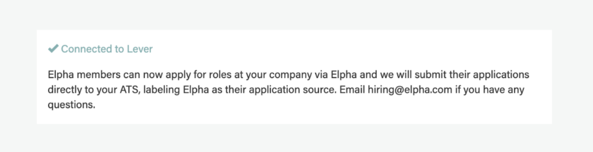 Elpha ATS integration page with connected to Lever success message