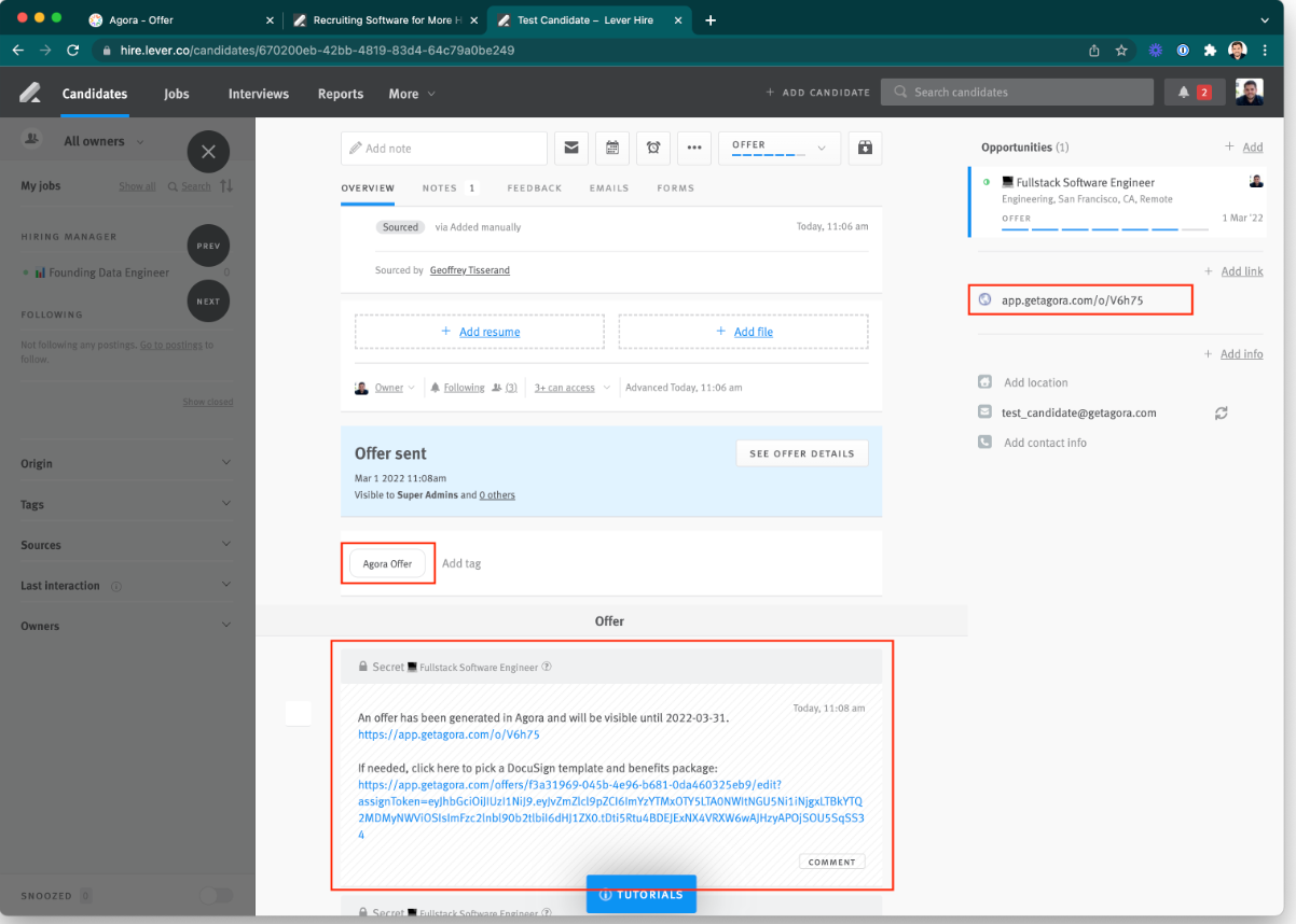 Lever candidate profile with agora offer and offer section outlined