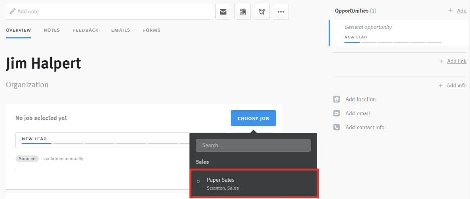 Lever candidate profile with choose job dropdown menu and job posting outlined