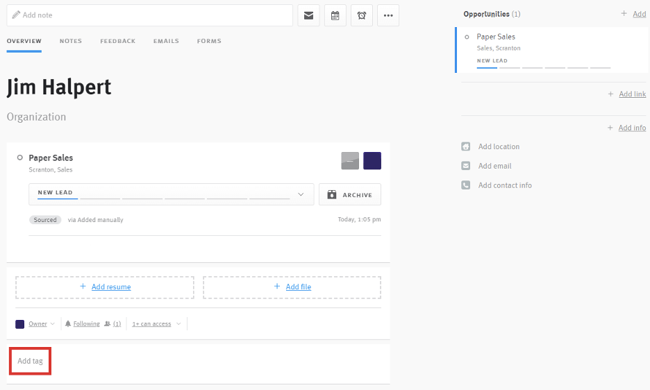 Lever candidate profile with add tag outlined
