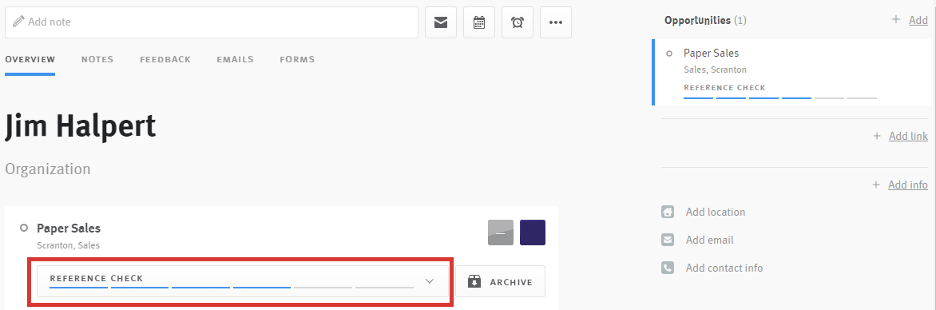 Lever candidate profile with reference check stage outlined