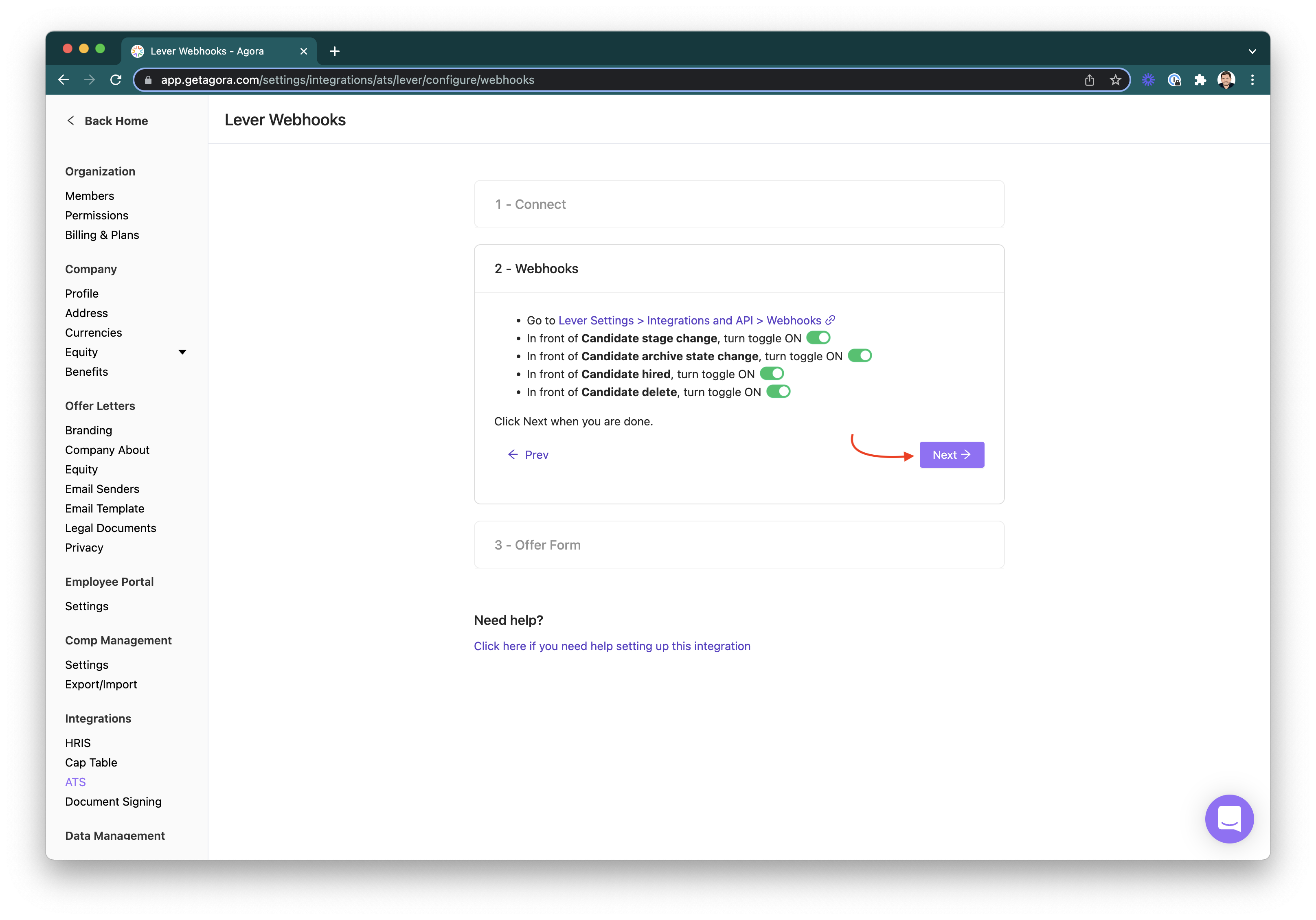 Agora lever webhooks page showing list of webhooks and arrow pointing to purple next button