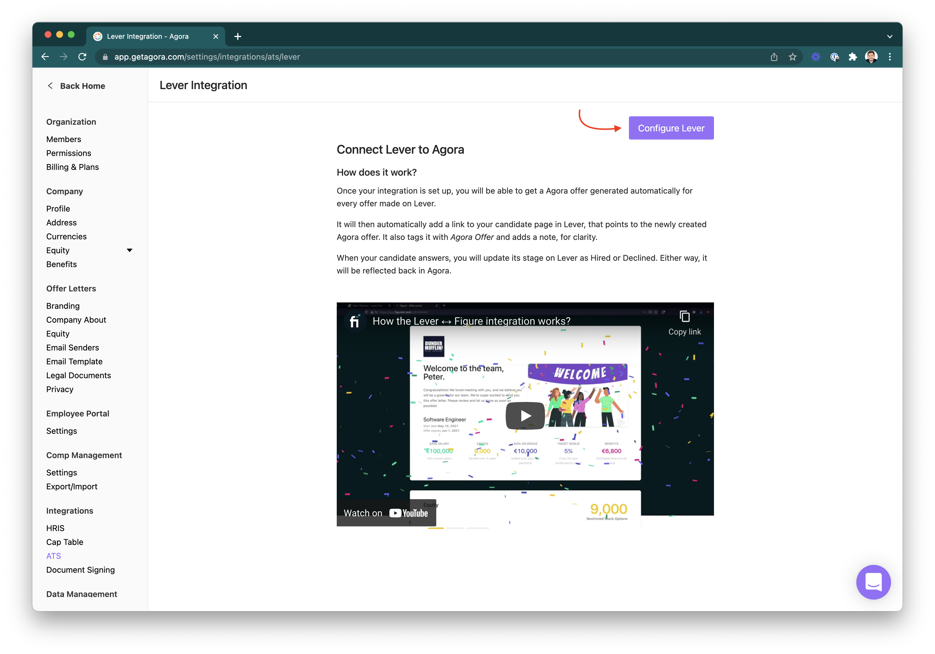 Agora Lever Integration page with arrow pointing to configure lever button