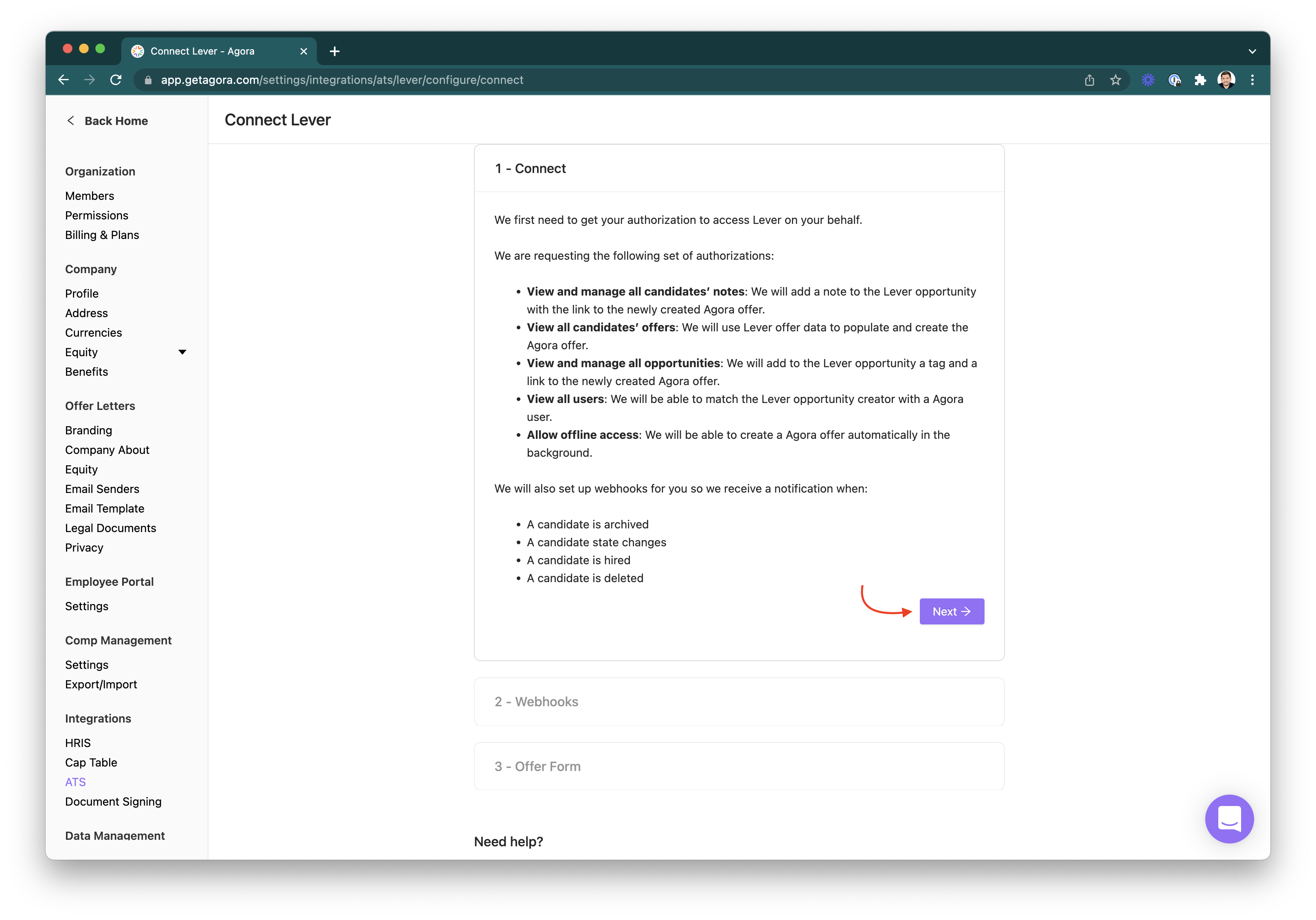 Agora Connect Lever page with arrow pointing to purple next button