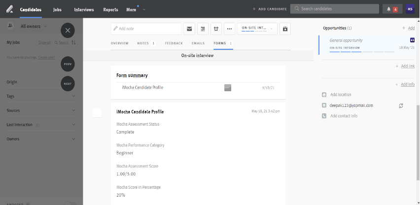 Lever candidate profile showing imocha form summary