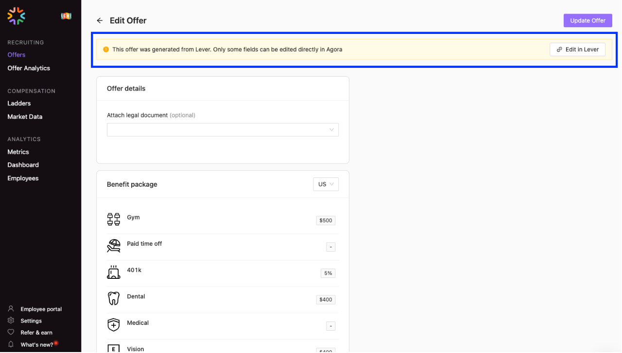 Agora platform showing edit offer section and lever generated offer notification outlined