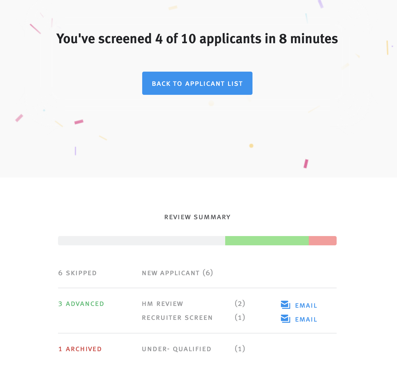 Celebration page showing tallies of advanced, archived, and skipped opportunities.