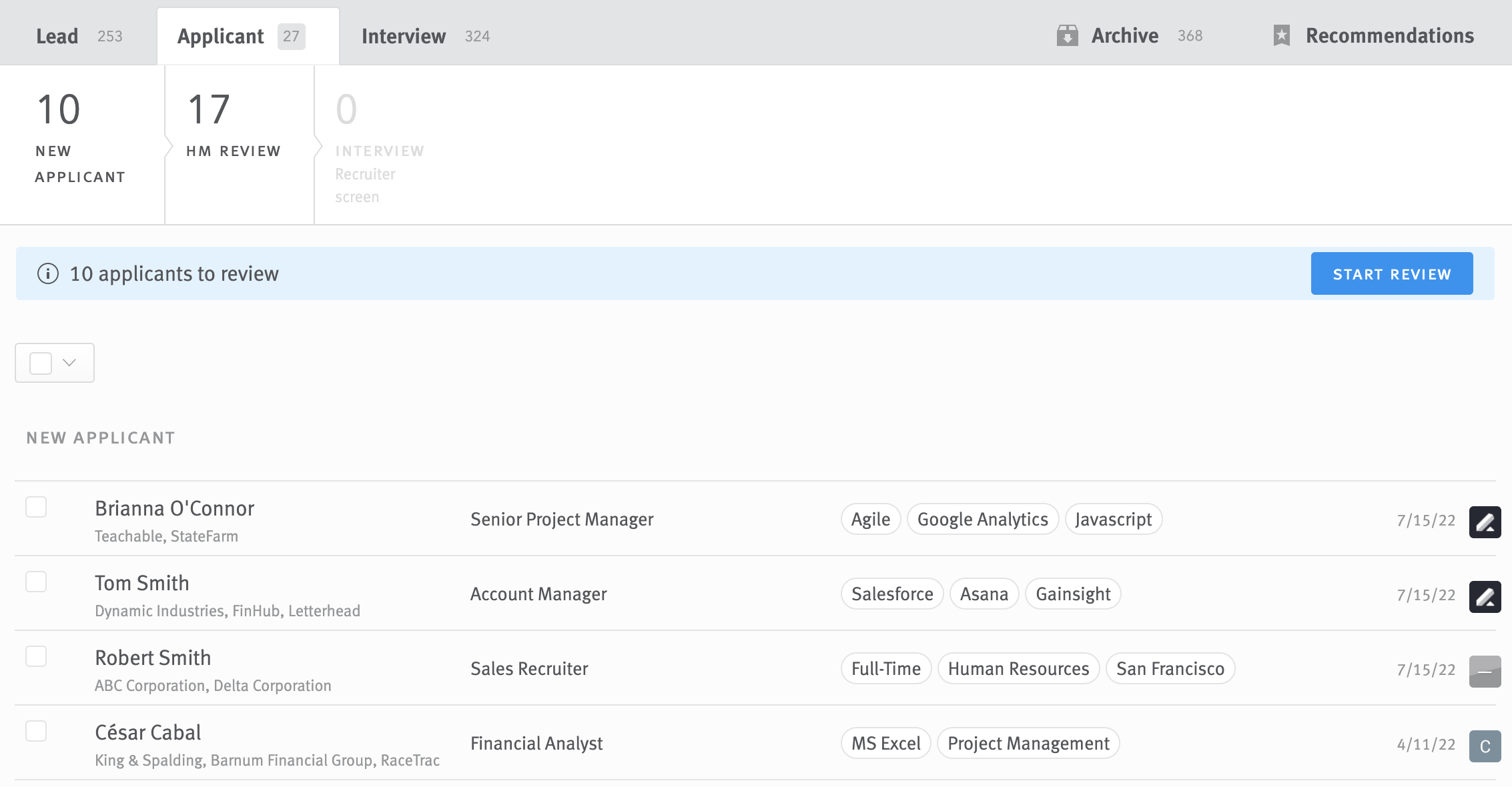 Close up of pipeline filtered to New Applicant stage; Fast Resume Review banner appears above opportunity list