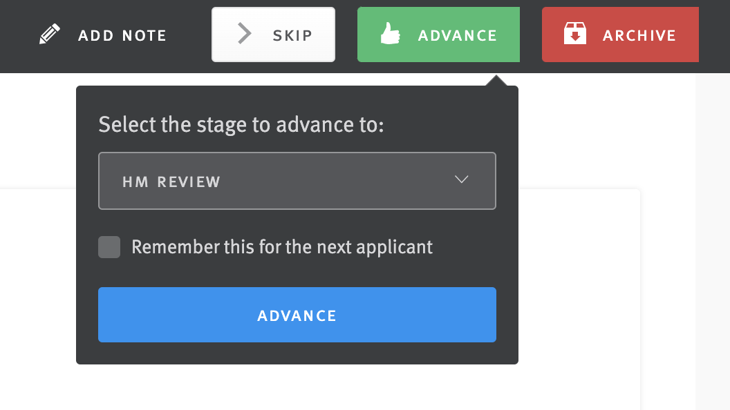 Stage selected in menu extending from Advance button in Fast Resume Review
