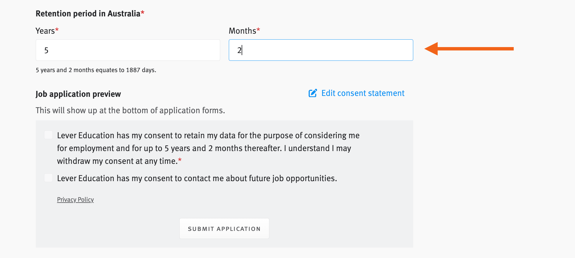 Lever data compliance settings showing Retention period in Canada settings with arrow pointing to years and months fields.