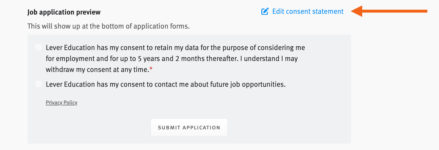Lever data compliance settings showing where to edit localized consent statements.