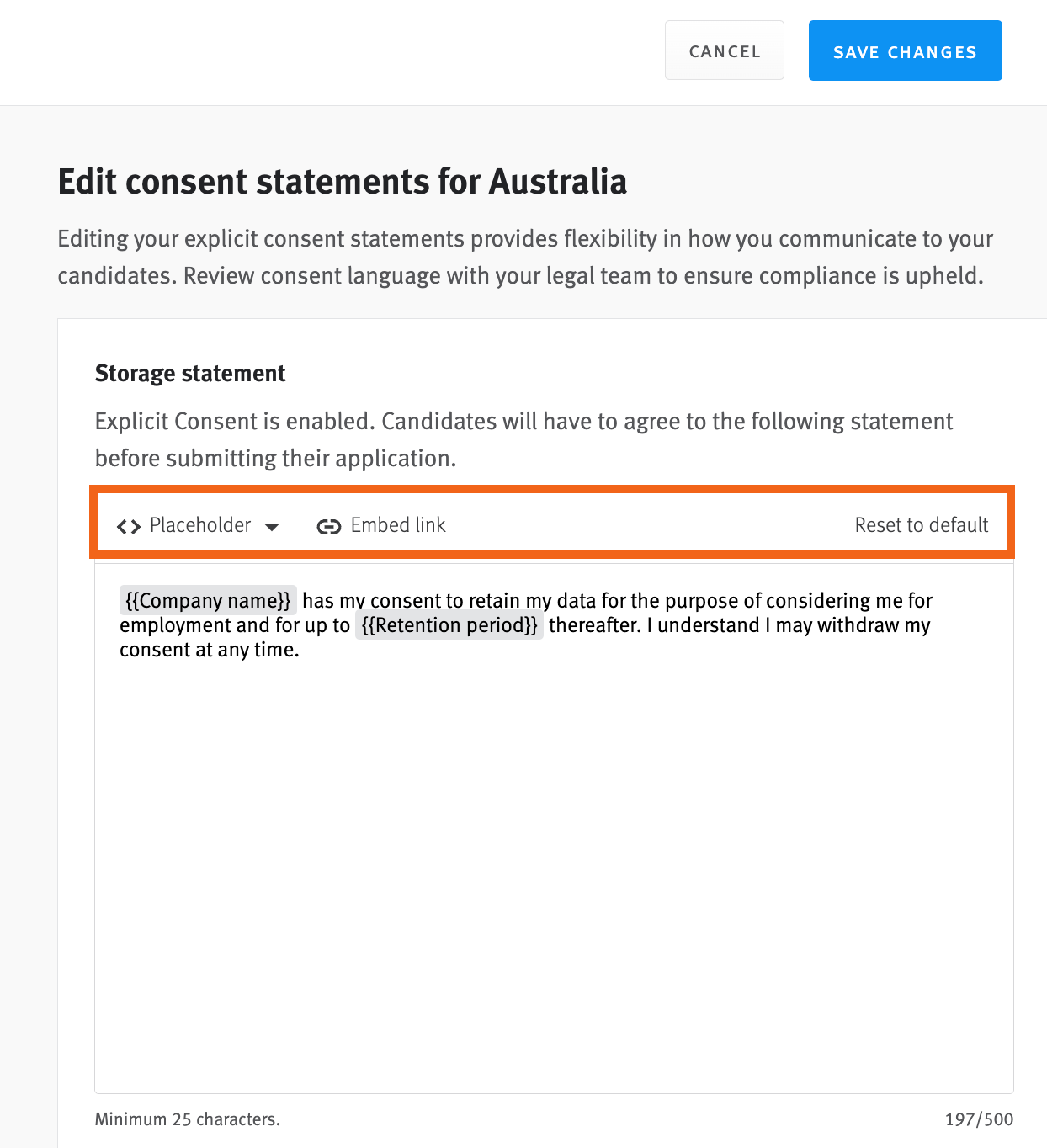 Custom consent statement editor with customization settings.