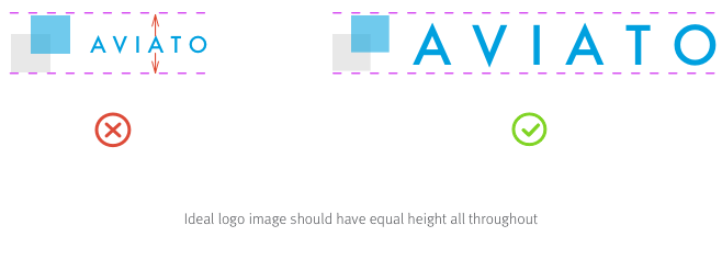 Logos of various shapes and sizes; caption reads 'Ideal lgo image should have equal height all around'