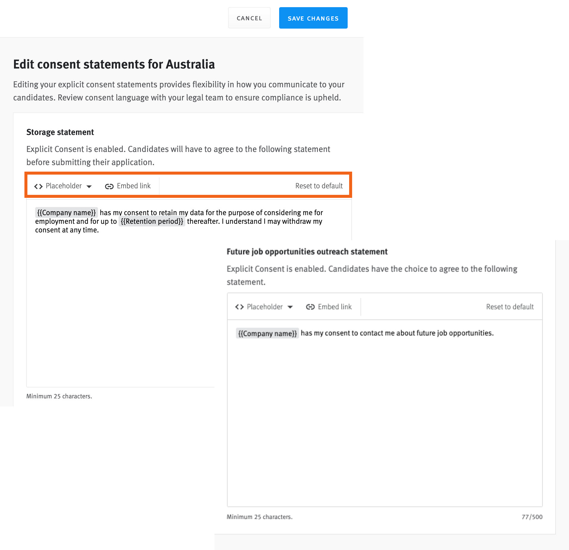 consent statement customization panel under country data compliance settings.
