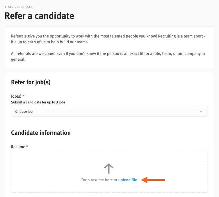 Close-up of referral form with arrow pointing to Attach Resume button.