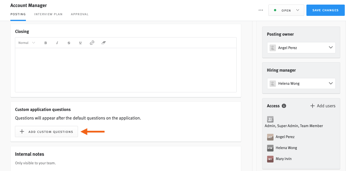 Job posting editor with arrow pointing to add custom questions dropdown