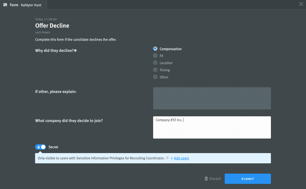 Form editor with filled in fields