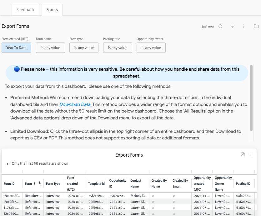 Forms data export fields