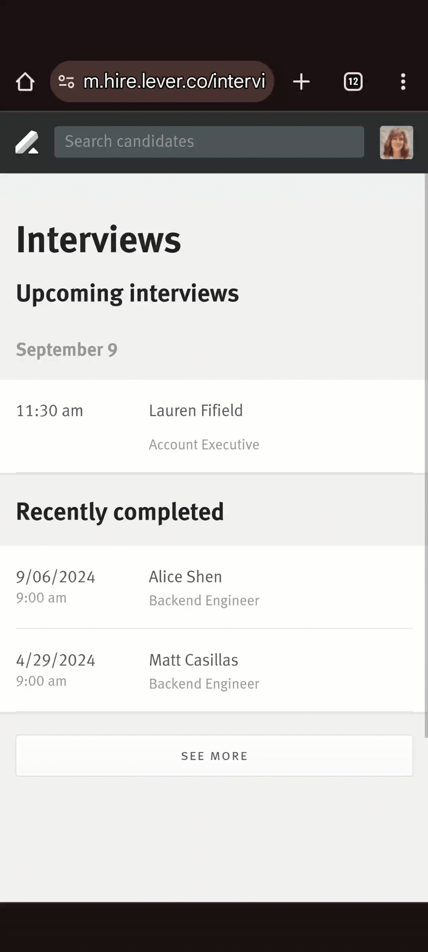 Searching for candidates by name.