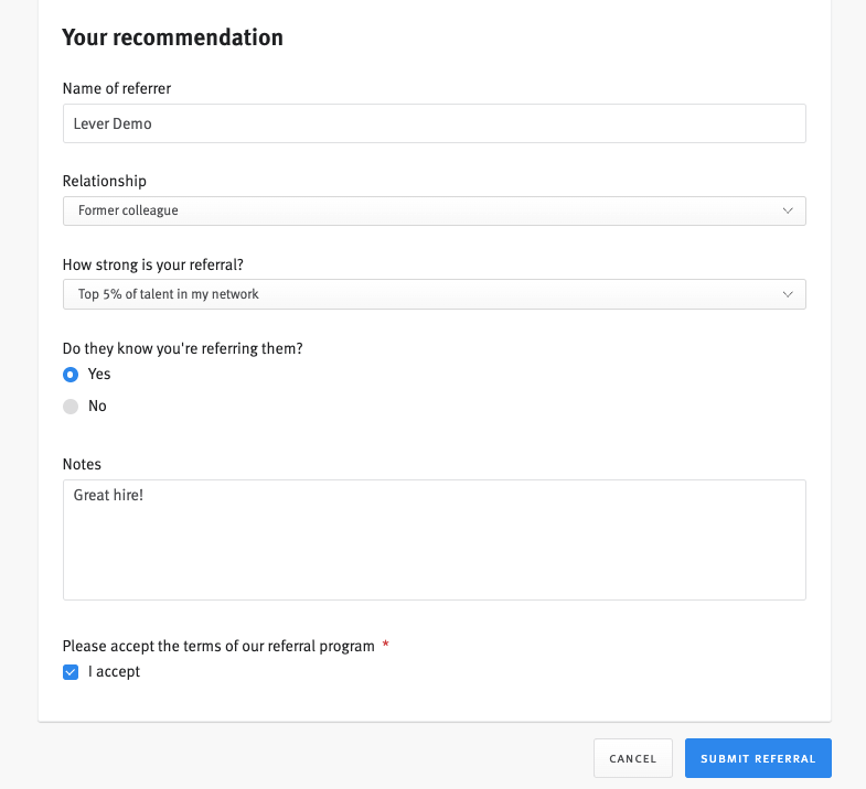 Referral form showing your recommendation section and blue submit referral button.